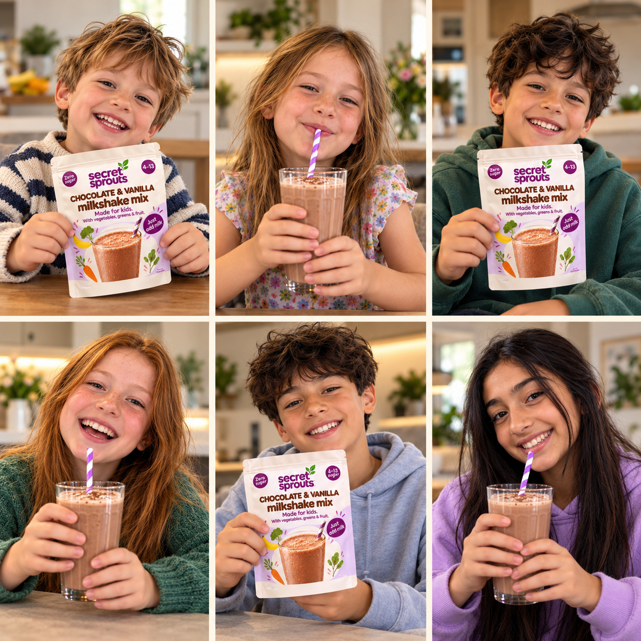 Illustrative collage of children with Secret Sprouts pouches and chocolate shakes