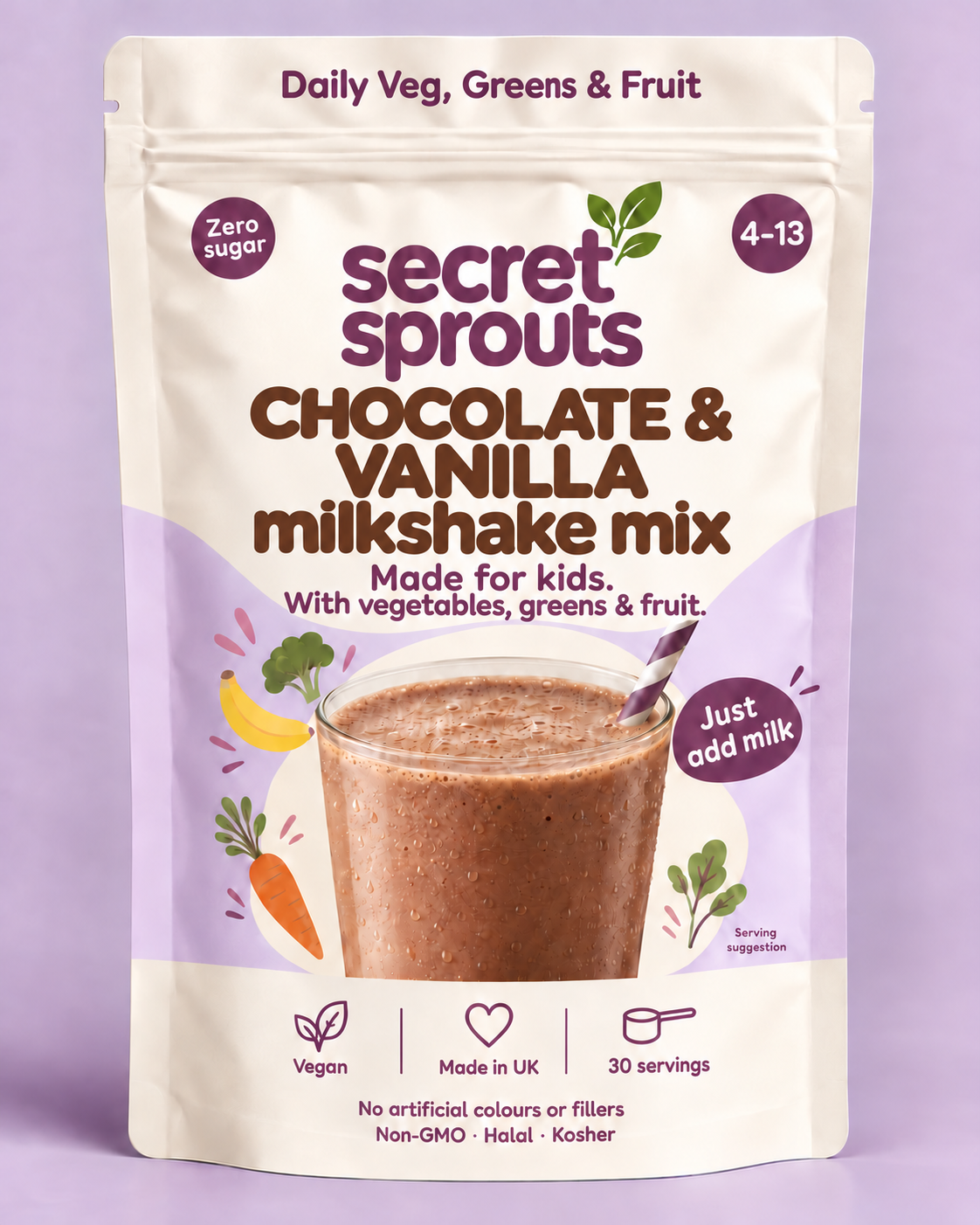 Chocolate and vanilla Secret Sprouts milkshake mix pouch